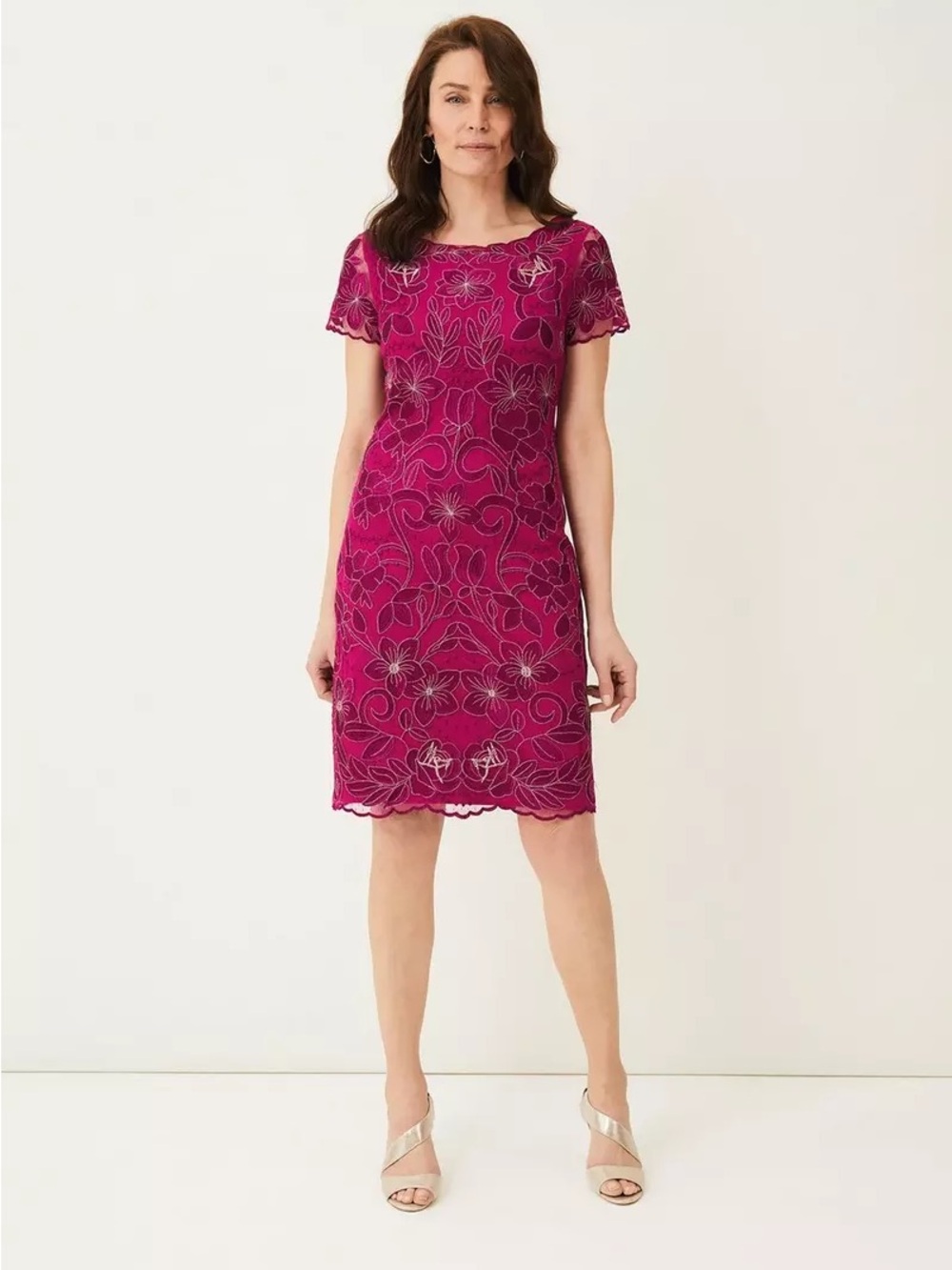 Phase Eight Fuchsia Lace Sheath Dress with Floral Embroidery
